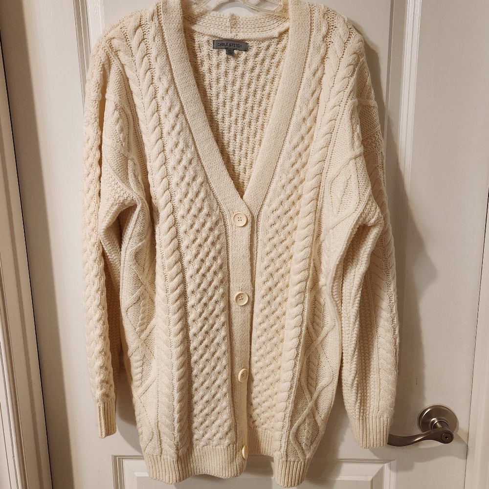 Cable Stitch XL long cream cardigan